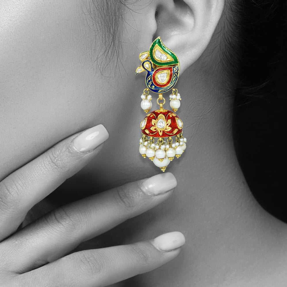 Peacock Motif Enamel Necklace Set with Polki and Pearl Drops